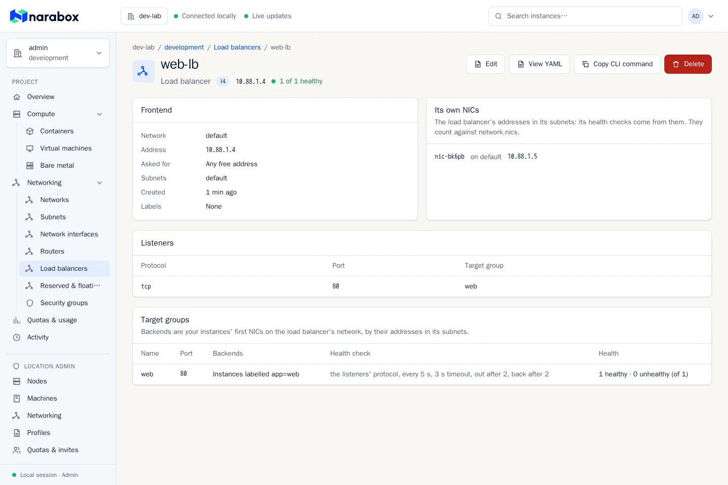The console’s view of a load balancer: its frontend address, listeners and a target group with one healthy backend.