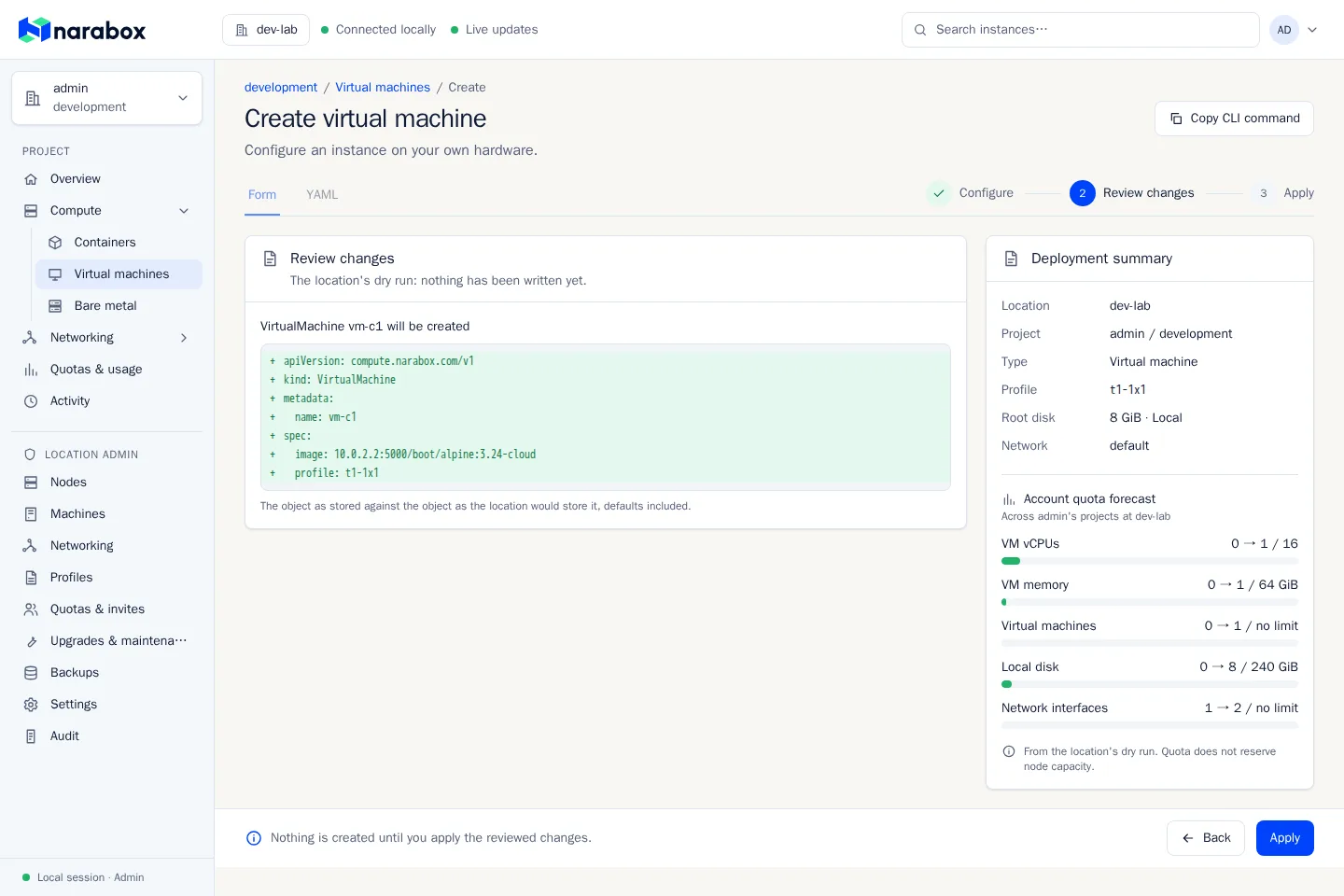 The console’s Review changes step for a new virtual machine: the YAML to be created and the account’s quota forecast.